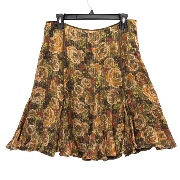 Context Petite Dresses & Skirts - Context Silk Blend Floral Metallic Stripe Flared Skirt Brown Fairycore Boho 12P